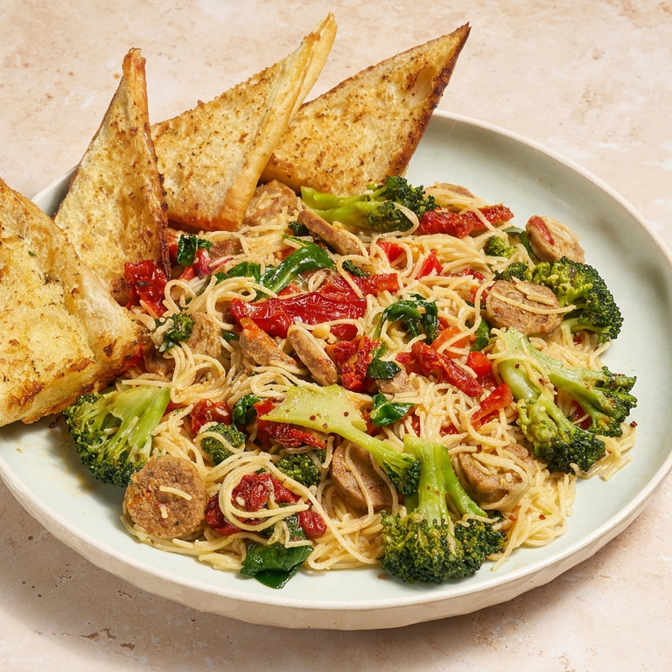 Plate of stir-fried noodles with broccoli, peppers, mushrooms, and toasted triangular flatbread wedges.