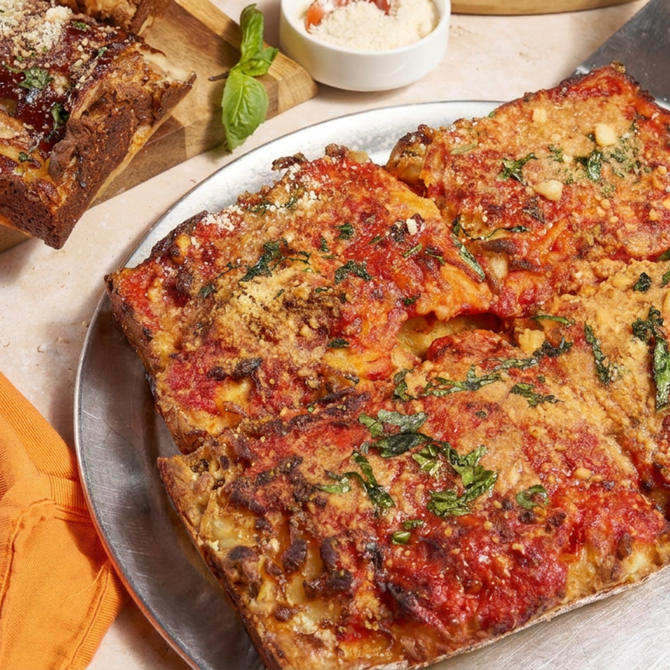 Rectangular Sicilian-style pizza topped with tomato sauce, cheese, herbs, and grated cheese on a metal platter beside garlic bread.