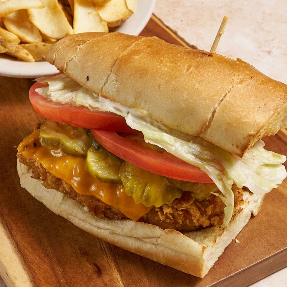 Crispy chicken sandwich with melted cheddar, pickles, tomato, and lettuce on a wooden board beside potato wedges.