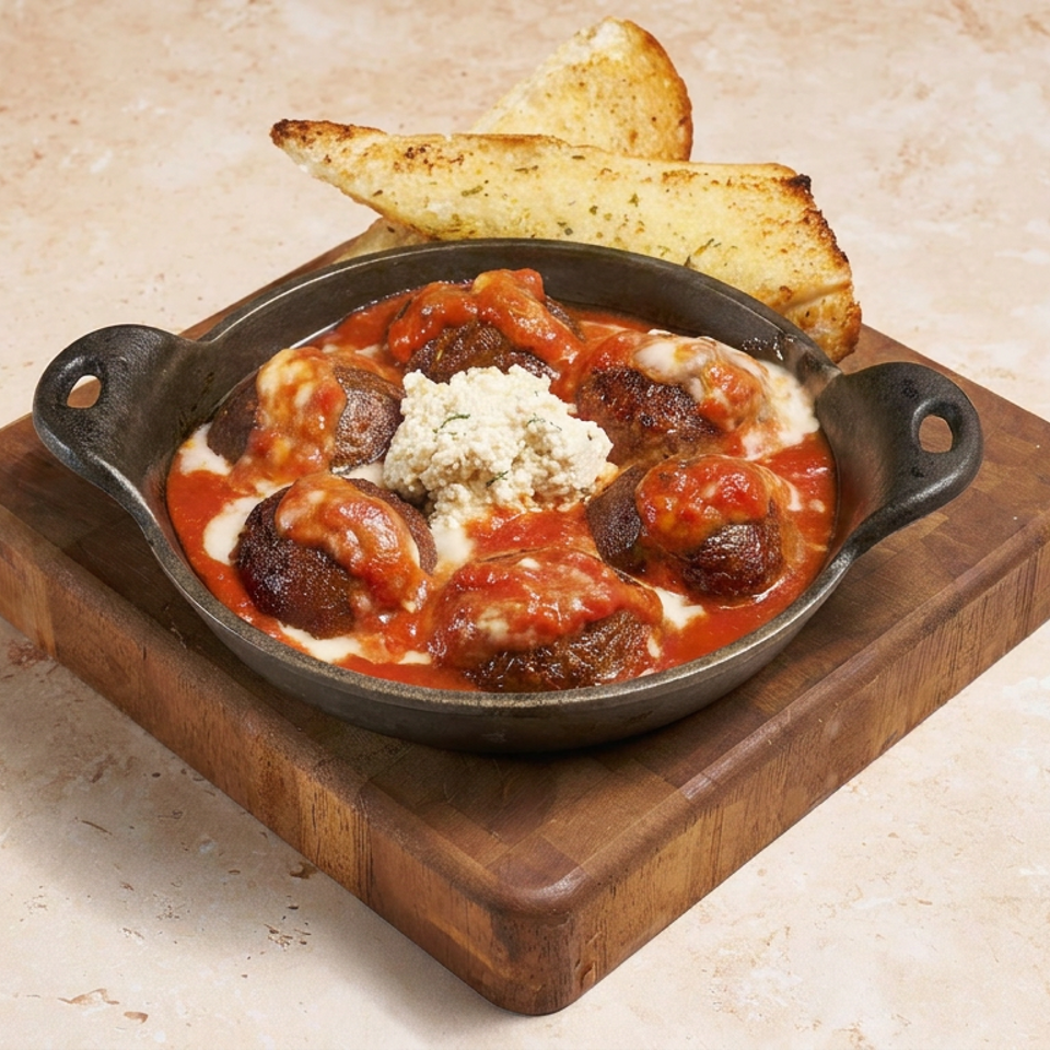 Skillet of meatballs in tomato sauce with melted cheese, served with toasted bread wedges on a wooden board.