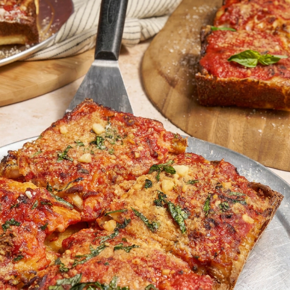 Square slices of Sicilian-style pizza topped with tomato sauce, cheese, Parmesan, and basil on a metal tray.
