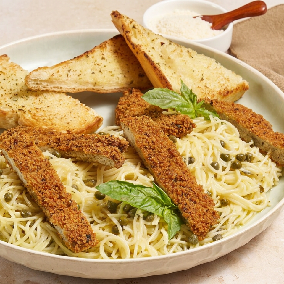 Breaded chicken cutlets over lemon caper spaghetti, garnished with basil and served with garlic bread and dipping sauce.
