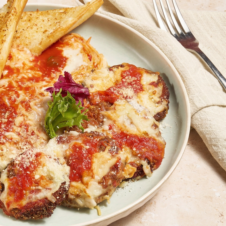 Breaded chicken Parmesan topped with marinara and melted cheese, served with garlic bread and greens on a plate.