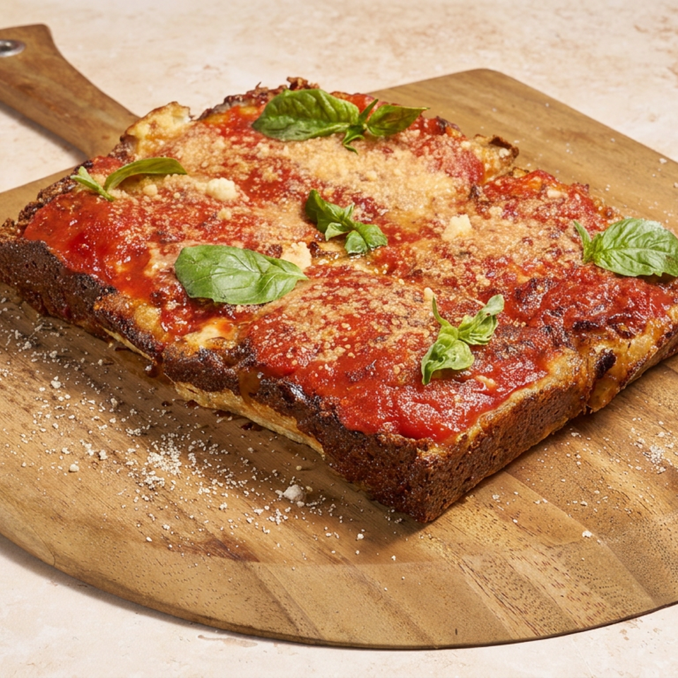 Square thick-crust pizza topped with tomato sauce, grated cheese, and fresh basil on a wooden serving board.