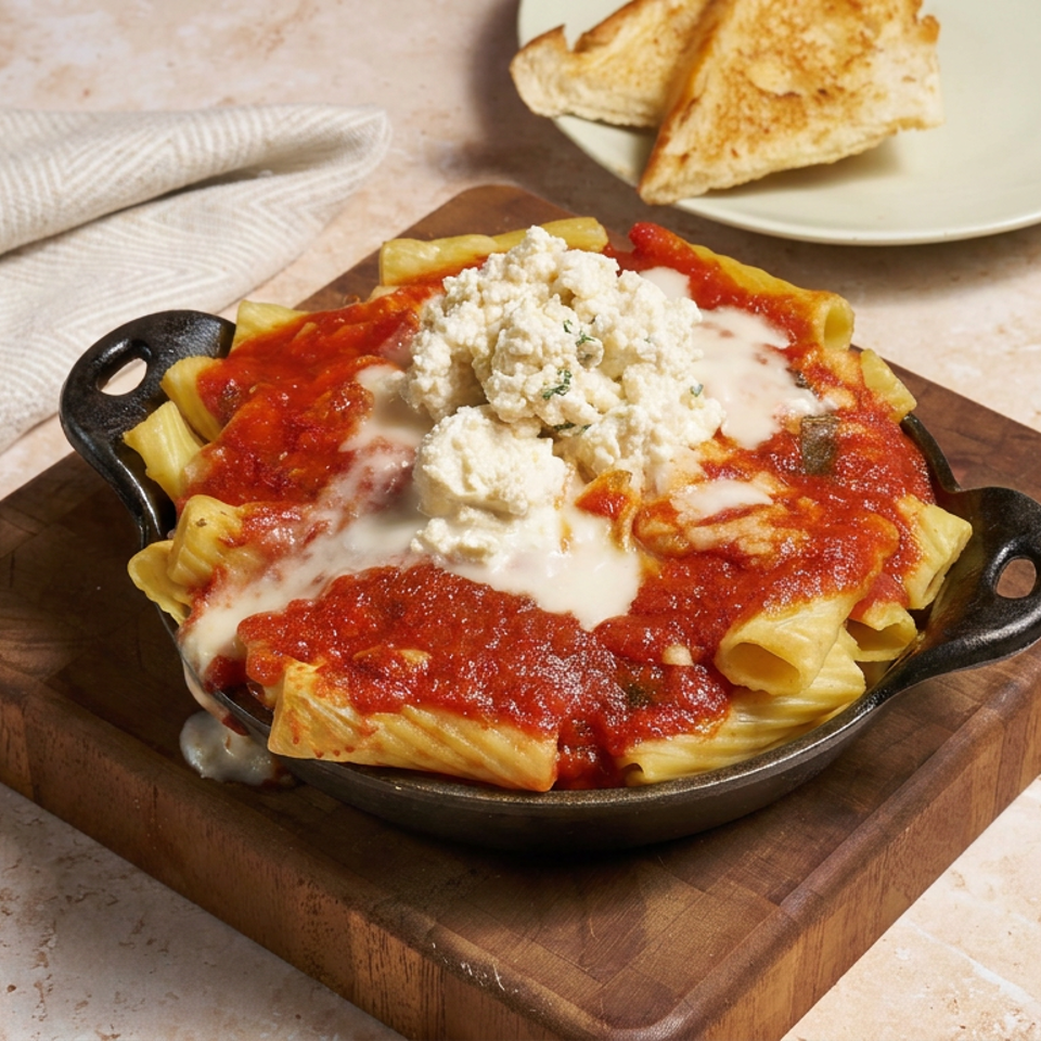 Baked pasta topped with tomato sauce, melted cheese, and crumbled cheese in a cast-iron skillet, with toasted bread nearby.