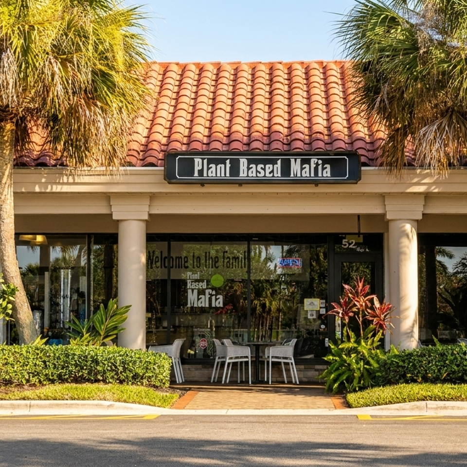 Plant Based Mafia restaurant storefront with tiled roof, palm trees, landscaped hedges, and outdoor seating.