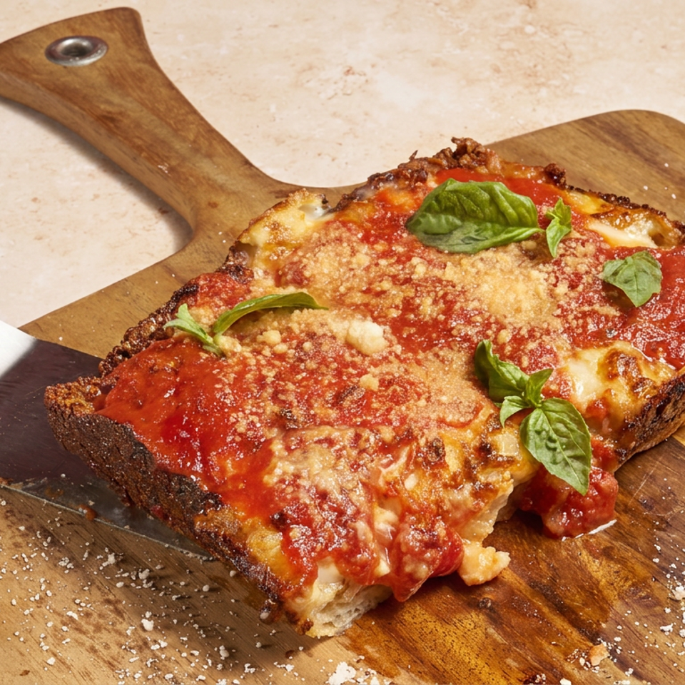 Rectangular deep-dish pizza topped with tomato sauce, melted cheese, Parmesan, and fresh basil on a wooden serving board.