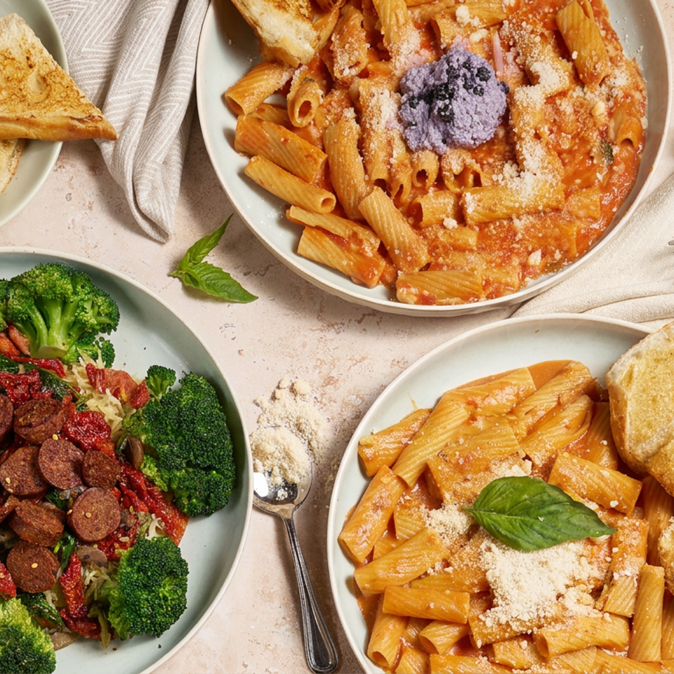 Overhead spread of creamy penne pasta, garlic bread, broccoli with sliced sausage, basil, and grated cheese on plates.