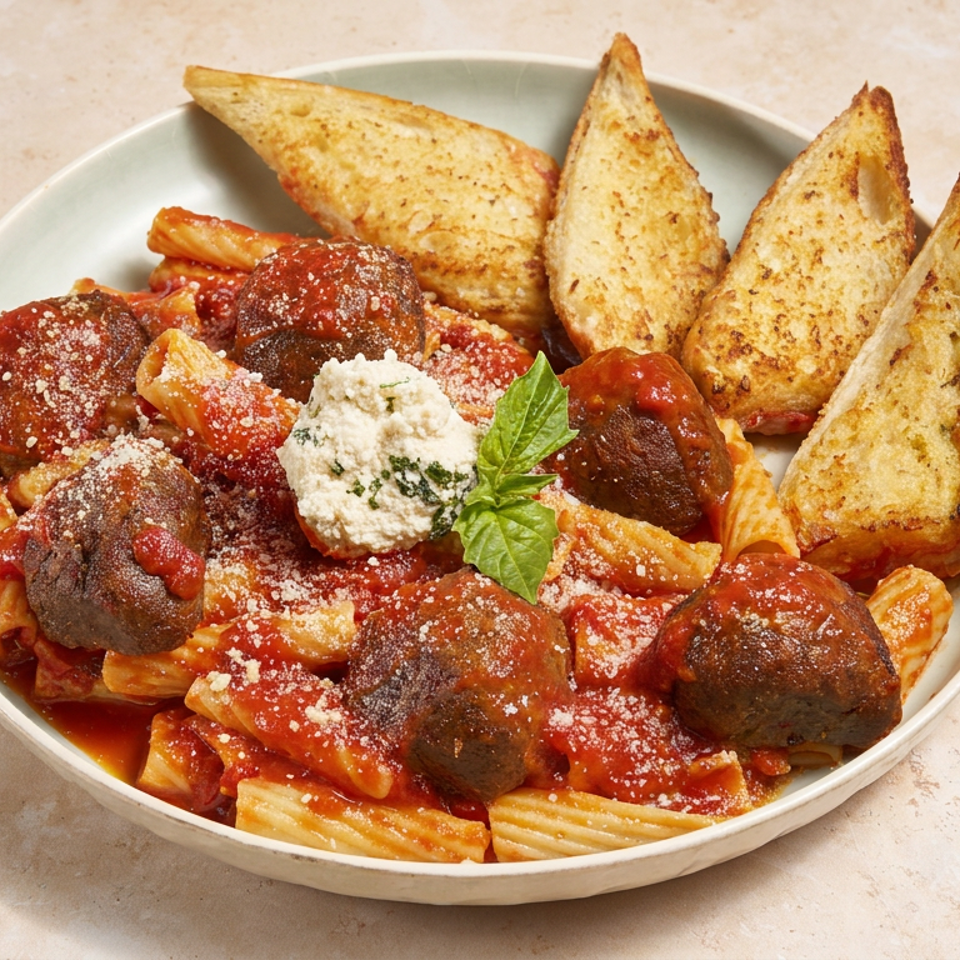 Bowl of rigatoni with tomato sauce, meatballs, ricotta, basil, grated cheese, and toasted bread wedges.