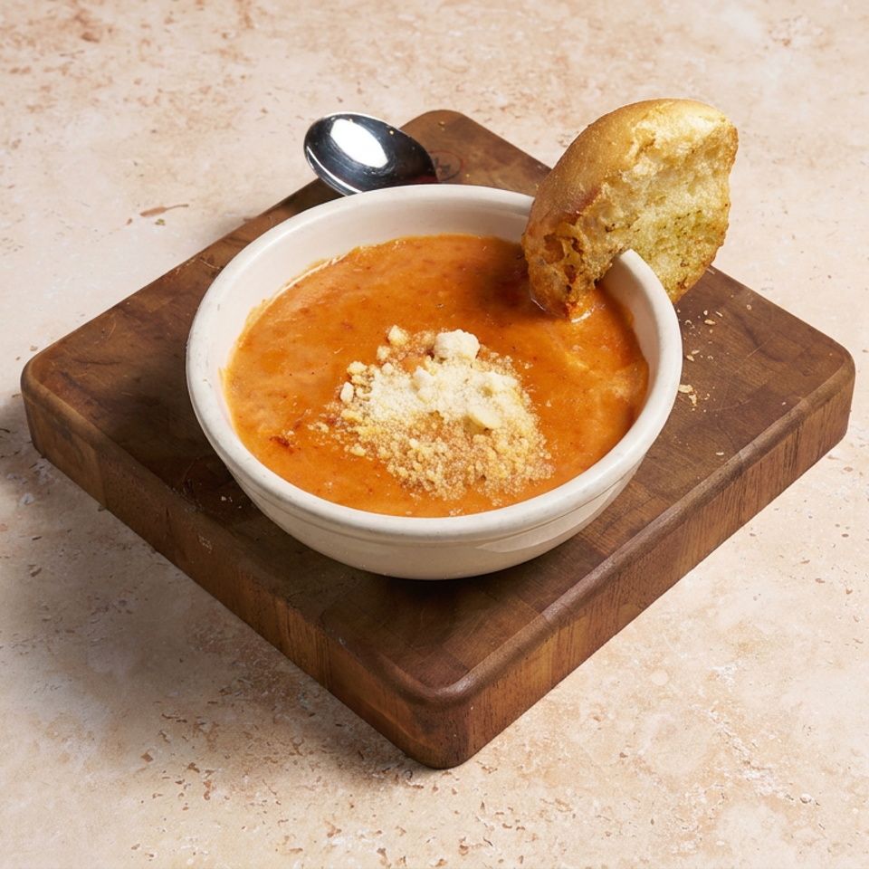 Bowl of creamy orange soup topped with grated cheese, served with toasted bread on a wooden board.