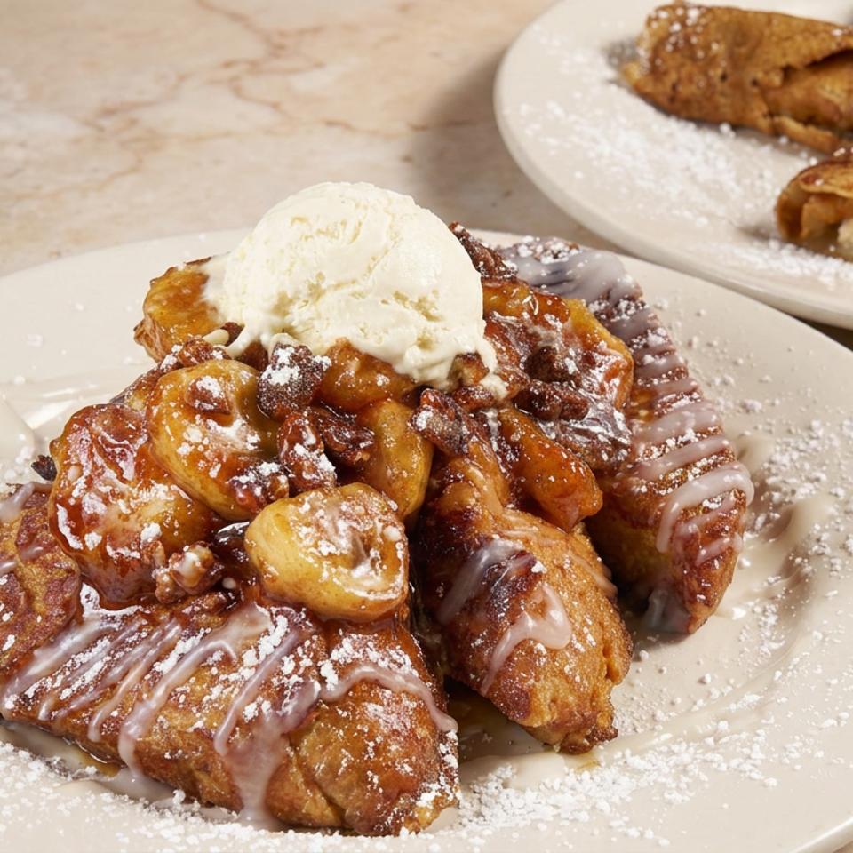 Glazed French toast bites topped with vanilla ice cream, powdered sugar, and chocolate chips, with another dessert plate in the background.