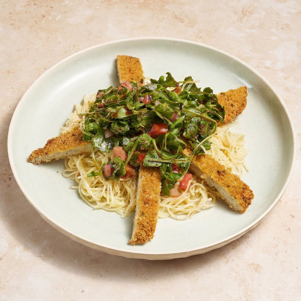 Breaded vegetable strips served over angel hair pasta with arugula, tomatoes, and diced vegetables on a ceramic plate.