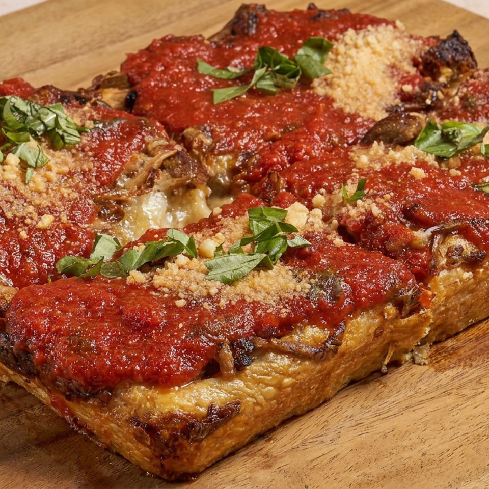 Rectangular thick-crust pizza topped with tomato sauce, melted cheese, mushrooms, breadcrumbs, and fresh basil on a wooden board.